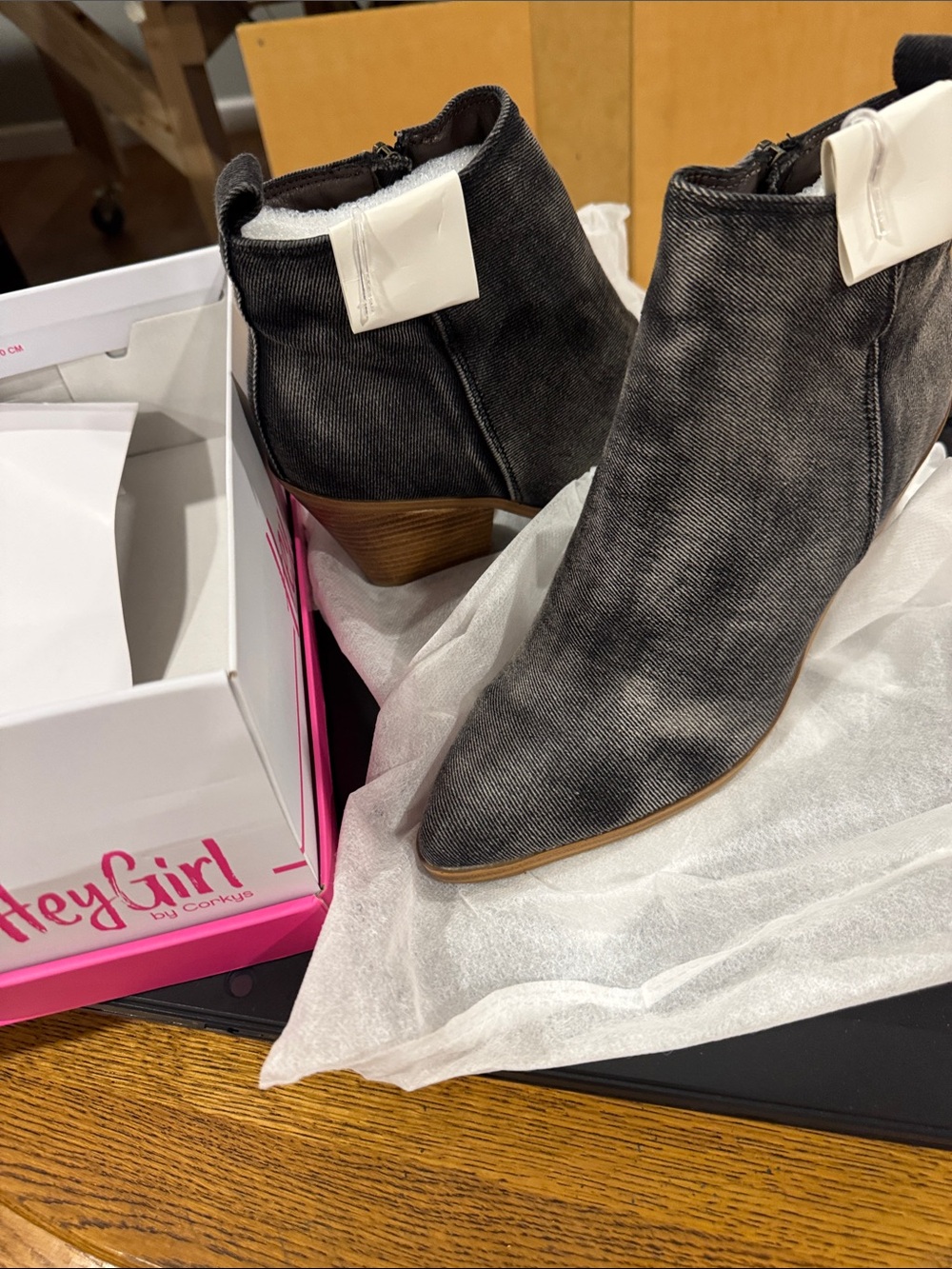 Corkys Charcoal Pointed Toe Ankle Booties with Stacked Heel